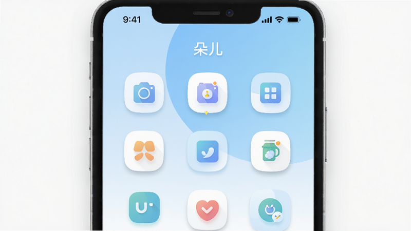 主体为朵儿APP的手机屏幕界面展示,布局采用扁平化设计,顶部显示状态栏,中间为简洁的功能图标网格,背景为柔和的浅蓝色渐变,风格清新现代,细节处有轻微阴影增加立体感,文字显示为