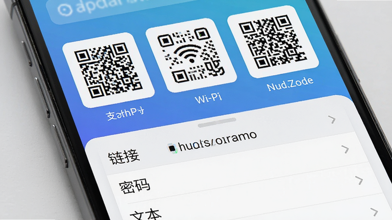 手机屏幕上同时显示多个不同类型的二维码,包括支付码、Wi-Fi码和网址码,下方有一个列表显示解析结果,如“链接”、“密码”、“文本”,界面布局整齐,色彩搭配协调,风格现代,画质高清