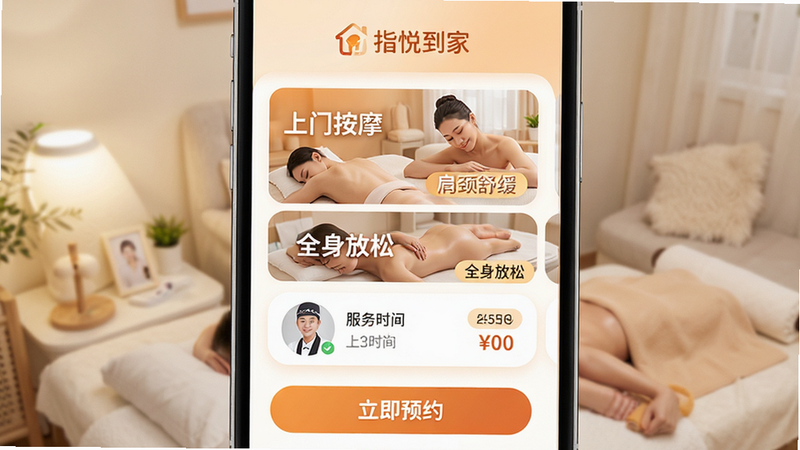 主体为指悦到家APP的手机界面展示,布局清晰,顶部显示“指悦到家”品牌Logo,中间突出“上门按摩”、“肩颈舒缓”、“全身放松”等核心服务卡片,底部有醒目的“立即预约”按钮,整体风格采用暖色调与白色搭配,体现温馨与健康感,细节处包含技师头像、服务时长、价格标签,画质高清,干净无多余元素