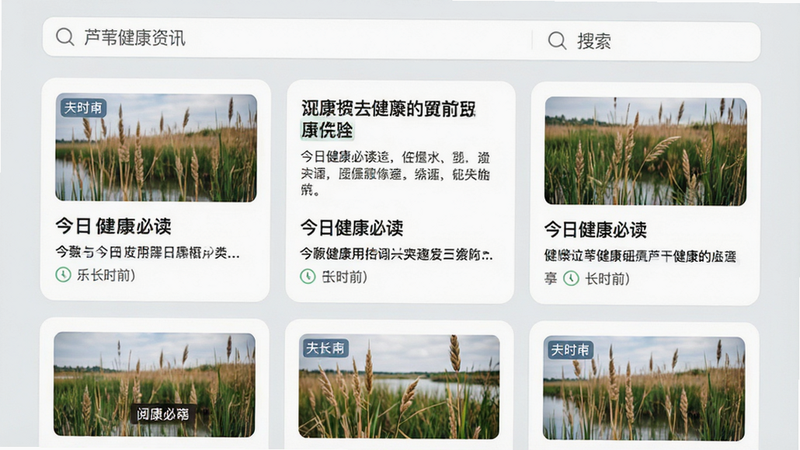 芦苇健康资讯列表界面,顶部为搜索栏,下方为文章卡片流,每卡片包含标题、摘要与配图,背景为浅灰色,布局紧凑而有序,风格现代简洁,细节处有阅读时长标识,画质清晰,文字内容为