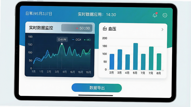 展示芦苇健康应用内的数据图表界面,左侧为心率变化折线图,右侧为血压柱状图,背景为白色卡片式布局,顶部显示日期与时间,底部有数据导出按钮,整体风格极简主义,色彩以蓝绿为主,细节精致,画质清晰,文字标注为