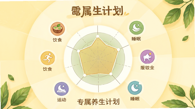 芦苇健康应用的个性化方案界面,中间是一个圆形的体质评估雷达图,周围分布着饮食、运动、睡眠等图标,背景为淡黄色温馨色调,布局呈放射状,排版平衡,风格温暖治愈,细节处有绿叶元素点缀,画质细腻,文字显示为