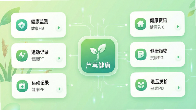 画面主体为芦苇健康应用的主界面全景展示,背景为柔和的浅绿色渐变色,中央是应用图标,周围环绕着简洁的功能模块卡片,如健康监测、运动记录、健康资讯等,布局清晰有序,排版工整,风格清新自然,细节处体现科技感与亲和力,画质高清,干净无多余元素,文字清晰可见为