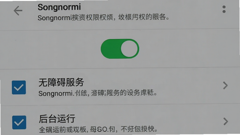 �������ֻ���Ļ��ͼ�����ʾSongnormi��Ȩ������ҳ�棬�м���һ����Ŀ��ذ�ť���ڿ���״̬���·��г������ϰ����񡱺͡���̨���С�����Ȩ���ѹ�ѡ�����ִ�ֱ���У��Ű����������Ϊ��׿ϵͳԭ��UI��ƣ�ϸ�ڴ���ʾȨ���������֣�������ʵ������ΪϵͳĬ�ϻ�ɫ���޶���ͼ�ֱ꣬��չʾ��ҪȨ������