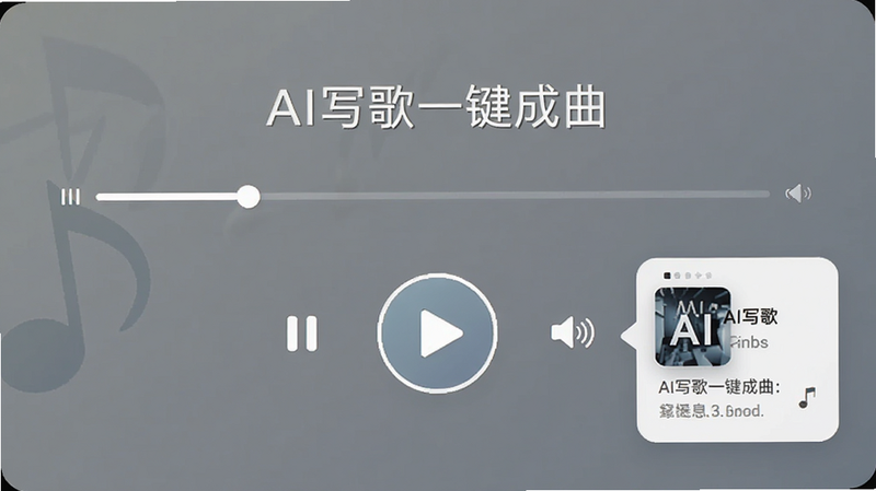“AI写歌一键成曲”生成的成品歌曲播放界面预览,显示播放进度条、音量控制和歌曲信息卡片,主体为播放控制区,布局居中,排版美观,风格现代简约,细节展示暂停和播放按钮图标,画质高,干净无多余元素