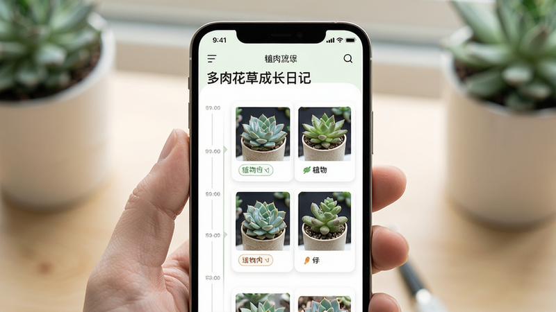 ����Ϊһ�������ֻ�����Ļ��ʾ�����⻨�ݳɳ��ռǡ�APP���棬����������Ϊʱ�����ֲ�￨Ƭ�����֣��Ű����ִ����������������ϸ��չʾ����ֲ�ﲻͬ�����׶εĶԱ�ͼ�����ʸ��壬�ɾ��޶���Ԫ��