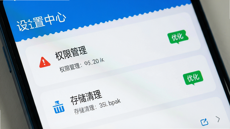 主体为手机屏幕设置界面,显示“权限管理”和“存储清理”选项,布局简洁,排版列表式,风格系统默认蓝白,细节处有红色警告图标和绿色优化标识,画质清晰,干净,无多余元素,文字