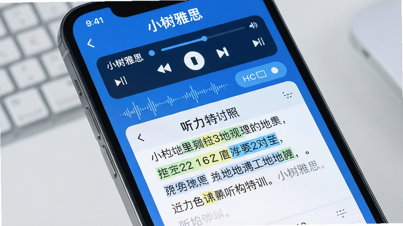 主体为手机屏幕,显示“小树雅思”听力模块,布局上方为音频播放器控件,中间为文本对照区域,高亮显示关键数字和地名,排版清晰易读,风格科技蓝,细节处有波形图和倍速调节按钮,画质细腻,干净,无多余元素,文字
