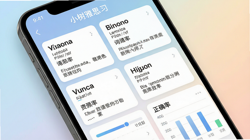 主体为手机屏幕特写,显示“小树雅思”词汇学习界面,布局为卡片式列表,每张卡片包含英文单词、音标、中文释义和例句,排版整齐,风格简约现代,细节展示“复习计划”进度条和“正确率”图表,背景为柔和渐变,画质超清,干净,无多余元素,文字