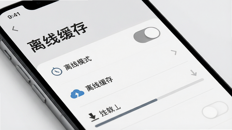 主体为手机屏幕,显示“离线模式”设置开关,布局为开关列表,排版清晰,风格极简灰白,细节处有云同步图标和下载进度条,画质高保真,干净,无多余元素,文字
