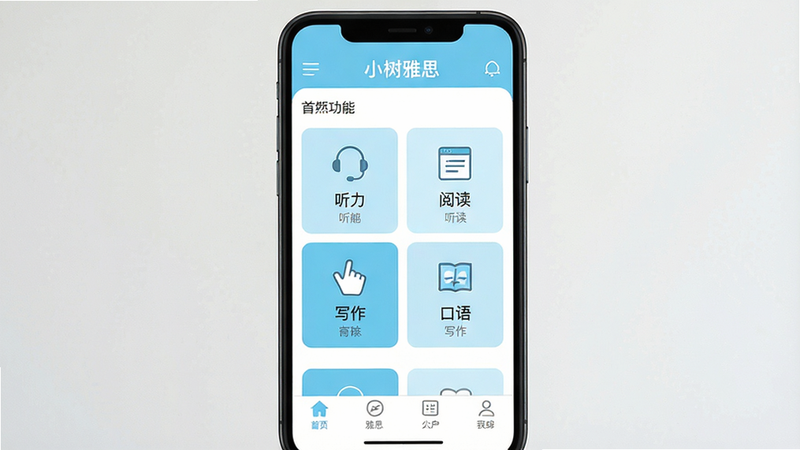 主体为一部竖屏智能手机,屏幕显示“小树雅思”APP首页界面,布局清晰分为顶部导航栏、中部功能网格和底部标签栏,排版采用扁平化设计风格,色调以清新的淡蓝色和白色为主,细节处有听力、阅读、写作、口语四个核心模块图标,画质高清,干净,无多余元素,文字