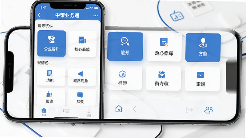 软件界面全景图,主体为手机屏幕显示中策业务通APP首页,布局清晰分为顶部导航栏、中部核心功能模块卡片、底部操作区,排版采用扁平化设计风格,色调以商务蓝和白色为主,细节包含高清图标、简洁文字标签、柔和阴影效果,画质清晰,干净,无多余元素,文字