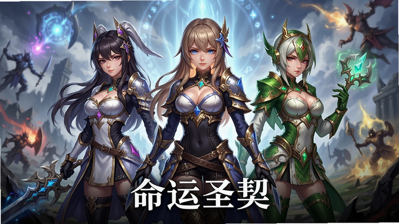 主体为游戏《命运圣契》的高清宣传海报,画面中央是三位身着不同风格战斗服的二次元女性角色,背景是充满魔法光辉的奇幻战场,布局采用中心对称构图,排版整洁,风格为日系二次元厚涂,细节展现精致的服饰纹理与光影效果,画质4K高清,干净无多余元素,文字