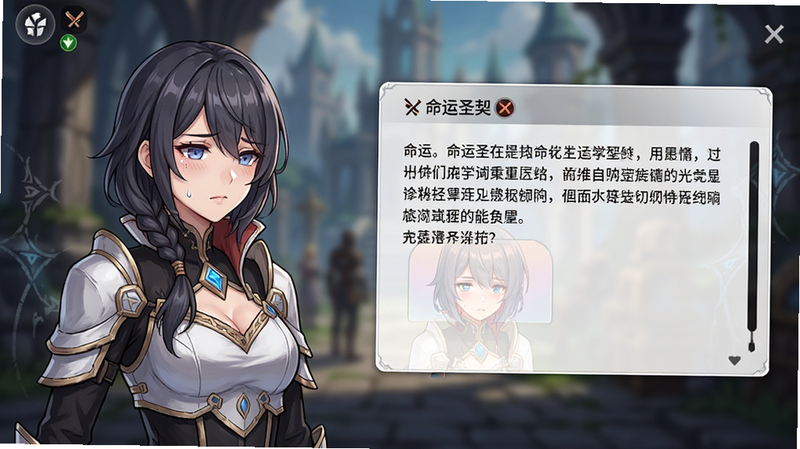 主体为游戏《命运圣契》的剧情对话界面,左侧显示角色半身立绘,右侧为对话框,背景模糊处理突出前景,布局左右分栏,排版舒适,风格为视觉小说风格,细节展现角色表情变化与文字排版,画质高清,干净,无多余元素