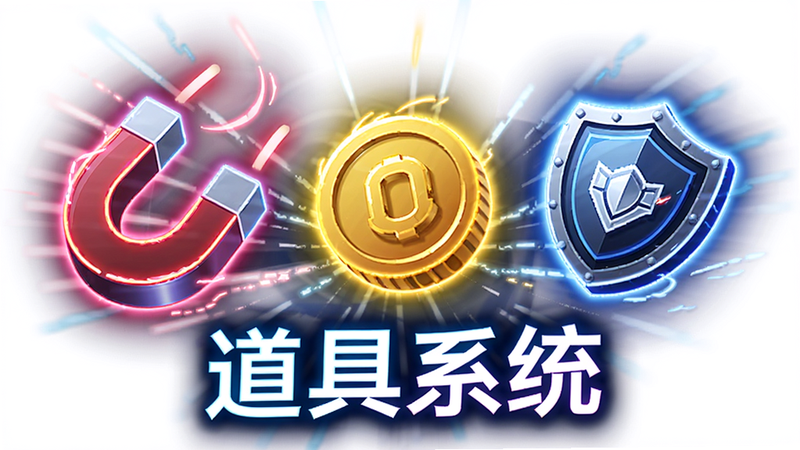 主体是悬浮的道具图标,包括磁铁、金币、盾牌,布局为放射状排列,排版具有动感,风格为霓虹光效,细节展示发光效果,高清画质,干净,无多余元素,文字