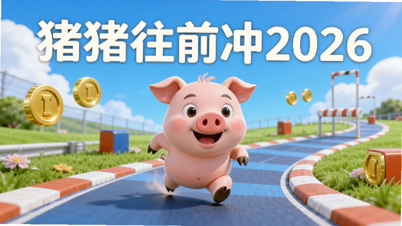 主体是一只粉色卡通小猪在明亮的赛道上奔跑,背景是蓝天白云和绿色草地,赛道上有金币和障碍物,布局为横向长卷,排版清晰,风格为3D卡通渲染,细节丰富,高清画质,干净无多余元素,文字