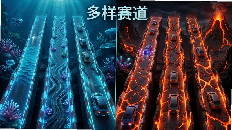 主体是多条不同颜色的赛道并排展示,包括蓝色海底和红色火山风格,布局为分屏对比,排版整齐,风格为科幻与奇幻结合,细节展示赛道纹理,高清画质,干净,无多余元素,文字