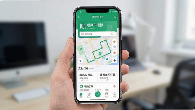 ����Ϊһ�����������ֻ�����Ļ��ʾ��˳�糵��ļ��APP���棬��ɫ��Ϊ��ˬ����ɫ���ɫ����������������Ϊ�г̷��������м�չʾ��ͼ·����ʵʱ�����б����ײ�Ϊ���������Ű����ִ����޶���װ�Ρ����Ϊ��ƽ��UI��ƣ�ϸ�ڴ����ֿƼ������׺��������ʸ��壬�ɾ����޶���Ԫ�أ����֡�˳�糵��ļ�������ɼ�
