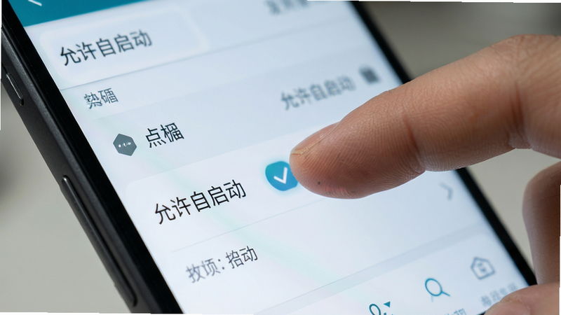 主体为一部安卓手机侧面特写,屏幕显示设置界面,手指正在勾选“允许自启动”选项,背景为模糊的手机设置菜单,布局聚焦于操作细节,排版突出关键设置项,风格写实科技风,细节展现手指触控反馈与界面高亮,画质清晰,干净,无多余元素,文字“允许自启动”清晰可见