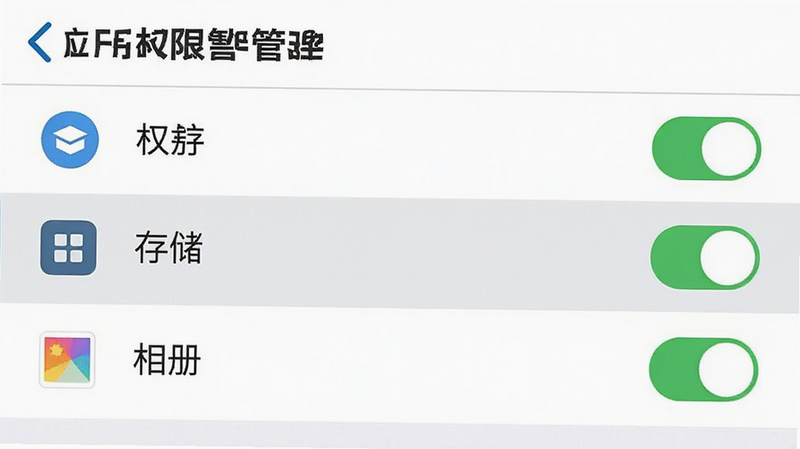 主体为手机设置界面截图,显示“应用权限管理”页面,高亮显示“存储”和“相册”权限开关为开启状态,布局列表式,排版清晰,风格扁平化,细节展示权限图标和开关状态,画质清晰,干净,无多余元素