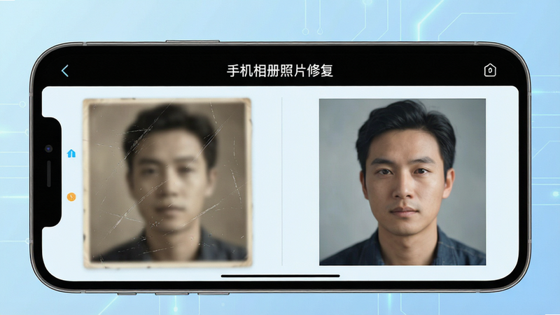 主体为智能手机屏幕特写,显示“手机相册照片修复”应用界面,左侧为一张模糊且带有划痕的老照片,右侧为修复后清晰锐利的高清照片,背景为简洁的浅蓝色科技风渐变,布局左右对比鲜明,排版整洁,风格现代简约,细节展示AI修复前后的对比效果,画质高清,干净,无多余元素