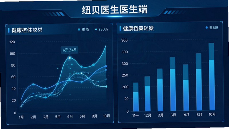 以“纽贝医生医生端”为主题的健康档案数据可视化图表展示,主体为折线图与柱状图组合,布局左右分栏,排版紧凑有序,风格科技感与医疗蓝相结合,细节处体现数据流动效果,画质清晰,干净无杂乱背景