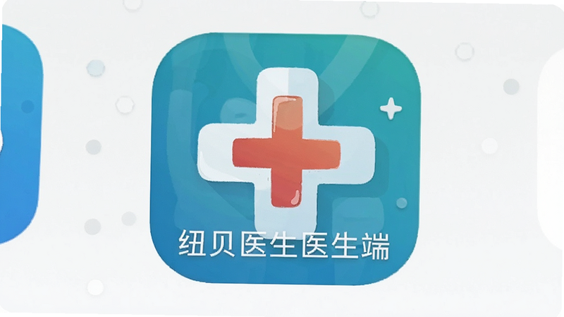 “纽贝医生医生端”在安卓手机桌面上的图标特写,主体为应用图标,布局简洁,排版标准,风格扁平化设计,细节体现医疗十字元素,画质高清,干净背景,无其他图标干扰