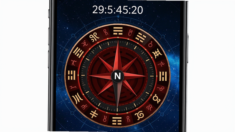 一张高清手机界面截图,主体是罗盘时钟App的主界面,屏幕中央显示一个精美的红黑配色电子罗盘,指针指向北方,周围环绕着十二地支和八卦符号,顶部显示当前精确时间,背景为深蓝色星空纹理,整体风格科技感与传统风水元素结合,画质清晰,无多余元素