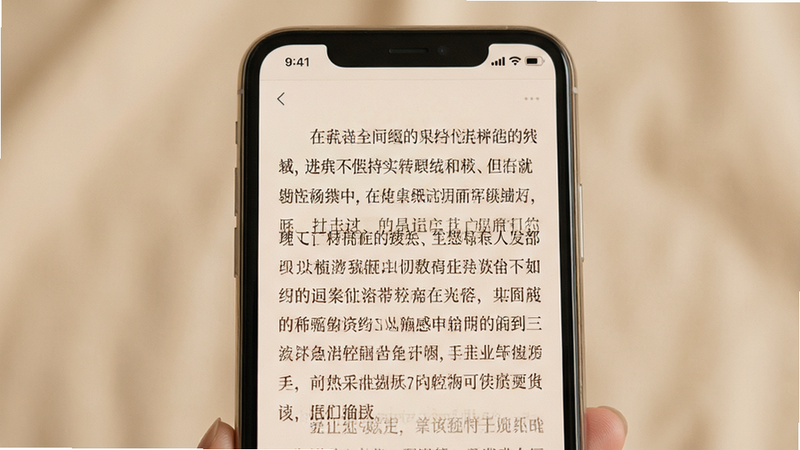 主体为手机阅读界面,显示一段中文文本,背景为柔和米色,字体为宋体,布局居中,风格温馨舒适,细节文字清晰,画质高,干净,无多余元素