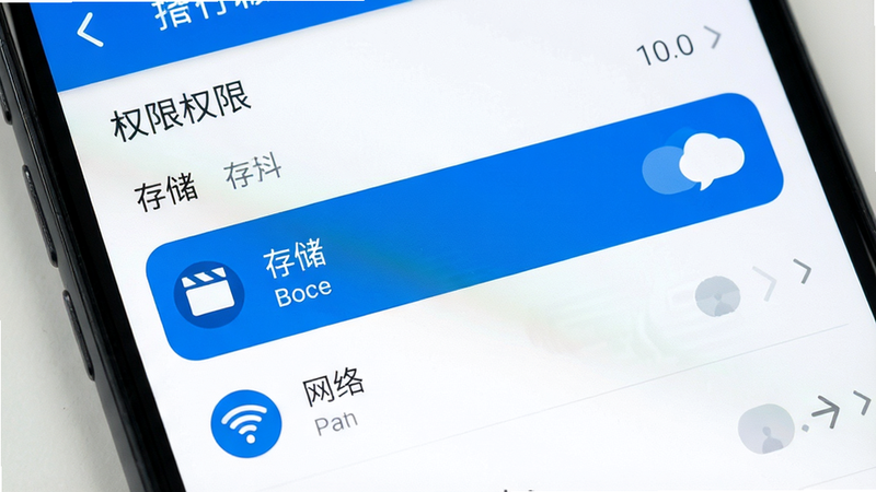 主体为手机设置界面,显示权限管理列表,高亮显示“存储”和“网络”权限,布局清晰,风格简洁,细节图标清晰,画质高,干净,无多余元素