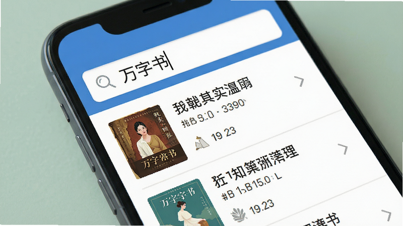主体为手机界面,显示搜索框输入“万字书”,下方列出多本书籍结果,布局列表式,风格扁平化,细节字体清晰,画质高,干净,无多余元素