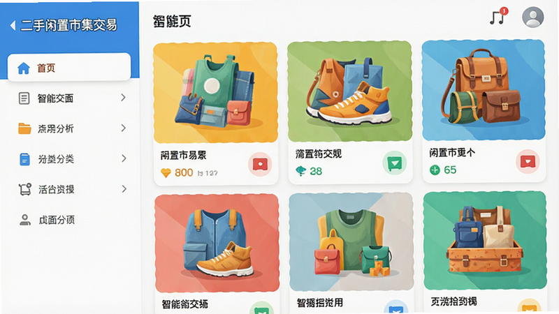 展示“二手闲置市集交易”APP的智能分类页面,左侧为导航栏,右侧为网格状商品展示区,风格扁平化,色彩明亮,细节丰富,画质纯净,无多余元素