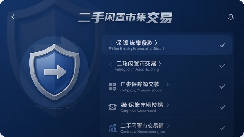 展示“二手闲置市集交易”APP的安全中心页面,盾牌图标醒目,列表展示各项保障条款,风格稳重可靠,色调深蓝,细节严谨,画质高清,无多余元素