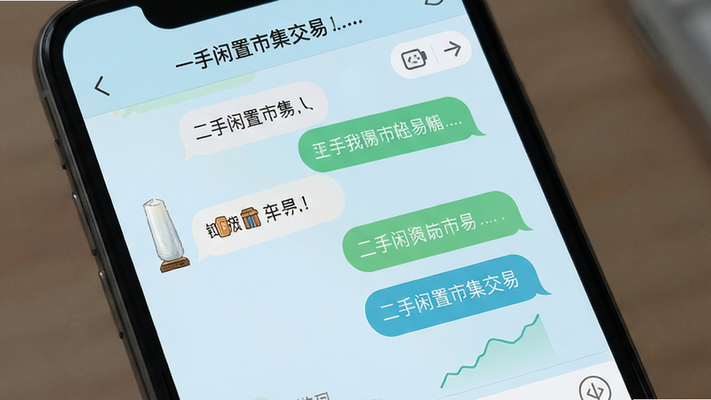 展示“二手闲置市集交易”APP的聊天界面,气泡对话框清晰可见,背景为浅蓝色,风格简约,细节精致,画质清晰,无多余元素