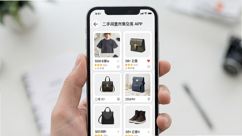 画面中心展示“二手闲置市集交易”APP的主界面,布局为卡片式列表,显示各类二手商品缩略图,风格简洁现代,色调以白色和浅灰色为主,细节清晰,画质高清,无多余元素