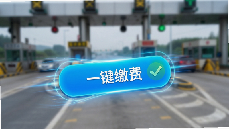 主体为手机界面特写,聚焦于“一键缴费”按钮,按钮呈亮蓝色,周围有动态光效暗示速度感,背景模糊处理显示高速公路收费站场景,布局突出核心操作区,排版紧凑,风格科技感强,细节包含支付成功对勾图标,画质清晰,干净,无多余元素