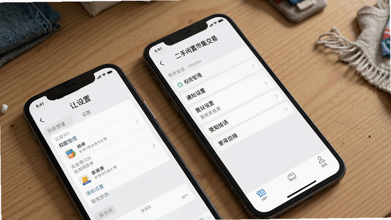 展示“二手闲置市集交易”APP的设置页面,列表包含权限管理、通知设置等选项,风格简洁,色调白色,细节清晰,画质高,无多余元素