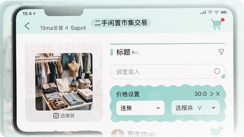 展示“二手闲置市集交易”APP的发布商品页面,包含图片上传框、标题输入框、价格设置区,风格现代,色调清新,细节完整,画质清晰,无多余元素