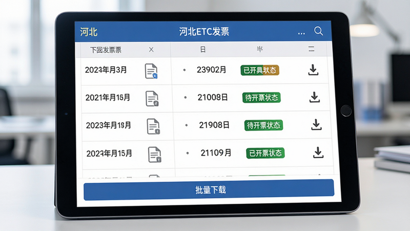 主体为平板电脑屏幕,显示河北ETC发票列表界面,多条发票记录整齐排列,每条记录包含日期、金额和状态标签(已开具/待开票),底部有“批量下载”按钮,布局表格化,排版严谨,风格商务专业,细节处有文件图标和下载箭头,画质高清,干净,无多余元素