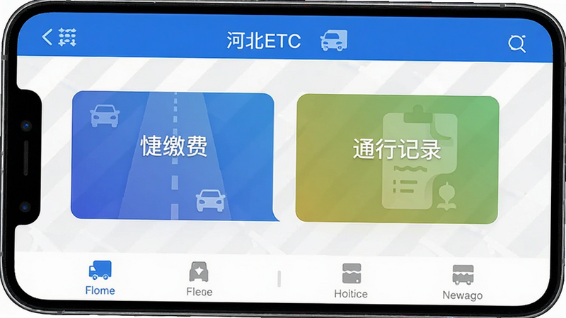 主体为智能手机屏幕,显示河北ETC应用首页,界面简洁现代,顶部有蓝色导航栏显示“河北ETC”字样,中间是醒目的“快捷缴费”和“通行记录”大按钮,底部是功能导航栏。布局清晰,排版整齐,风格扁平化设计,细节处有道路和车辆图标点缀,画质高清,干净,无多余元素