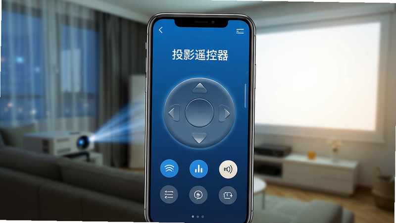 一张高清现代风格的手机应用界面设计图,主体是一台智能手机,屏幕显示着“投影遥控器”的应用界面,界面中央有一个巨大的圆形虚拟摇杆和几个功能按钮,背景是模糊的家庭客厅场景,包含投影仪投射出的明亮光幕,整体色调为科技蓝与暖白结合,布局清晰,排版简洁,细节丰富,画质超清,干净,无多余元素,文字“投影遥控器”清晰可见