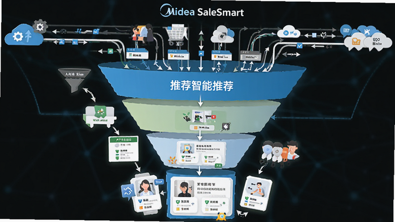 һ�������Ӫ��©��ͼ������ΪMidea SaleSmart���Ƽ��㷨�߼�������Ϊ��ֱ���£�����Ϊ�㷺���������ײ�Ϊ��׼��Ʒ��Ƭ������ƽ����ƣ�ϸ�ڴ��м�ͷָʾ�������򣬻�������������