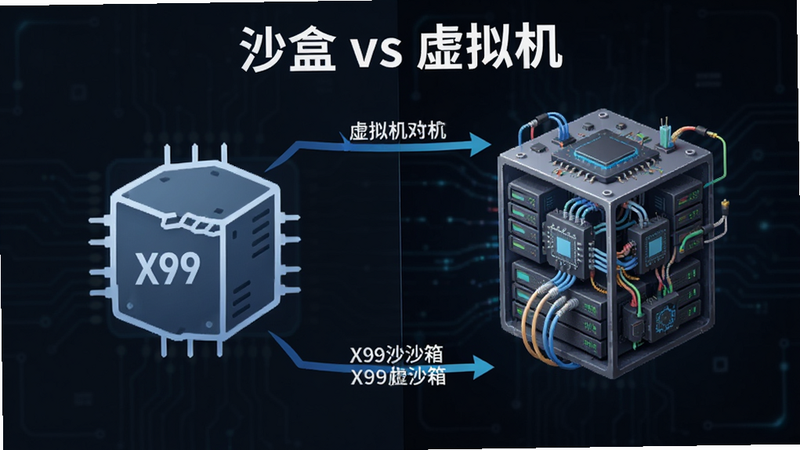 主体为X99沙箱与虚拟机对比概念图,布局左右分栏,左侧为X99沙箱简洁图标,右侧为虚拟机复杂结构图,排版对比强烈,风格信息图表化,细节用箭头连接标注区别,画质清晰,干净,无多余元素,文字
