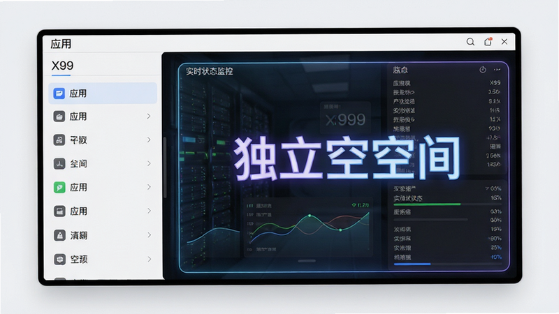 主体为X99沙箱内部运行界面,布局左侧为应用列表,右侧为实时状态监控,排版清晰,风格极简主义,细节显示数据隔离屏障发光效果,画质精细,干净,无多余元素,文字