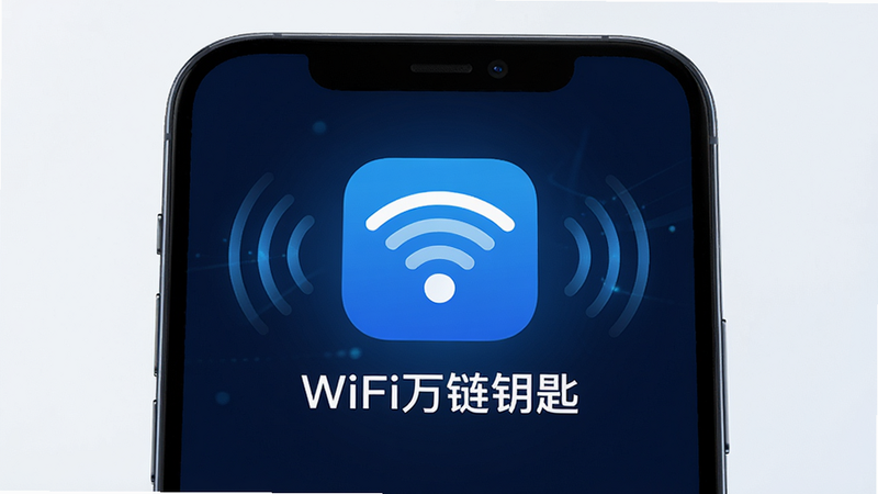 主体为手机屏幕展示WiFi万链钥匙APP界面,布局居中显示应用图标与“WiFi万链钥匙”字样,排版简洁现代,风格科技感蓝色调,细节包含信号波纹特效,高清4k画质,干净背景,无多余元素