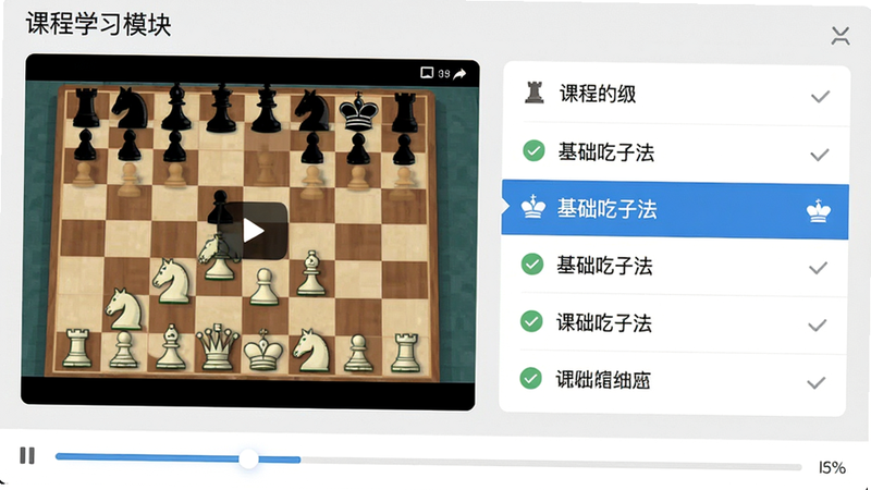 主体为课程学习模块界面,布局采用列表式设计,左侧为视频播放窗口,显示国际象棋教学画面,右侧为课程大纲列表,高亮显示当前章节“基础吃子法”,底部为进度条,背景为浅灰色,风格为教育类应用UI,细节处包含勾选标记与图标,画质高,排版整齐,无多余装饰