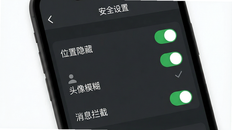 主体为手机屏幕上的隐私设置页面,布局为列表式菜单,顶部有标题栏,中间是一系列开关按钮,分别对应“位置隐藏”、“头像模糊”、“消息拦截”等选项。排版整齐规范,风格极简主义,色调为深灰色背景搭配白色文字和绿色开关。细节包含清晰的勾选标记,象征安全确认,画质高,干净,无多余元素,ui界面设计,扁平化风格