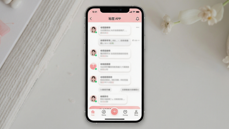 主体为秘甜APP的手机界面截图,布局采用居中垂直排列,顶部显示状态栏,中间区域展示聊天列表或匹配界面,底部为导航栏。排版简洁现代,风格清新治愈,色调以淡粉色和白色为主。细节包含清晰的图标、柔和的阴影效果,文字内容清晰可见但无具体可读文字,画质高清,干净,无多余元素,app界面设计,ui设计