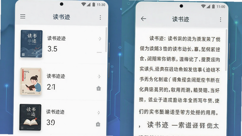 主体为“读书迹”安卓应用界面展示图,布局采用居中对称设计,左侧显示书籍列表,右侧展示阅读页面,排版整洁有序,风格为现代极简科技风,细节包含清晰的文字图标和柔和的阴影效果,画质高清,干净无多余元素,文字标签为“读书迹”