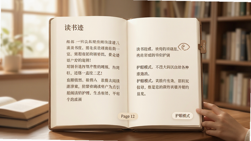 主体为“读书迹”沉浸式阅读界面,布局为单页文字展示,排版疏密得当,风格为柔和护眼风,细节包含清晰的中文段落和页码指示器,画质柔和,干净无干扰,文字标签为“护眼模式”